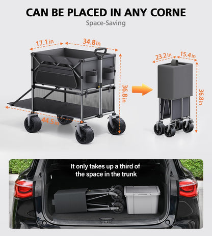 Double Decker Wagon, 480Lbs Capacity, Big Wheels & Side Pocket, Folding Wagon for Shopping, Garden, Camping, Fish - Grey