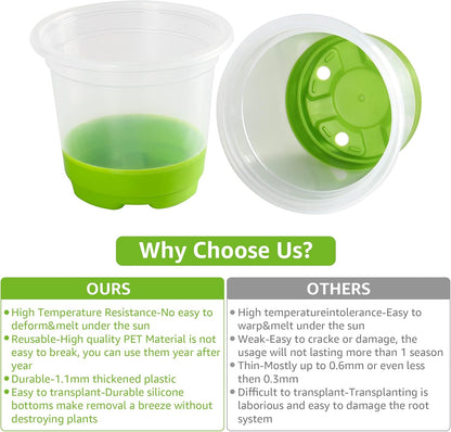MIXC 30 Packs 4" Reinforced Clear Nursery Pots with Silicone Base for Easy Transplant, Transparent Plastic Plant Pot Reusable Seedling Pots Seed Starter Pots Flower Pot, Green
