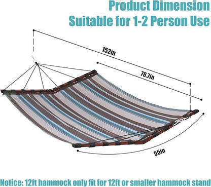 TegerDeger 12FT 2 Person Hammock Large Hammock Quick Dry 450LB Capacity with V Shaped Hardwood Spreader Bar & Nylon Rope for Outside, Patio, Garden, Backyard, Beach, Poolside - Brown Stripes