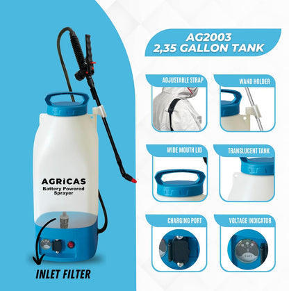 Battery Powered Sprayer 2.35 Gallon, Electric Garden Sprayer for Weed/Pest Control, 6 Nozzles, 50 PSI Pressure, Telescopic Wand, Shoulder Strap, Long-Lasting 12V Battery