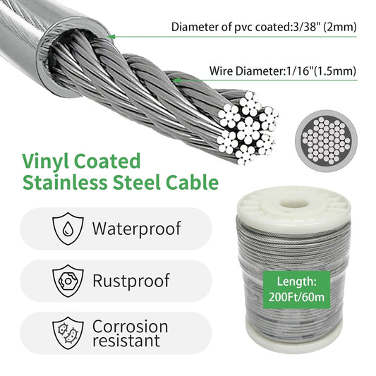 3/38" Wire Cable Rope Kit ，Vinyl Coated 304 Stainless Steel Wire – 200FT 7x7 Strand Cable with Turnbuckles，Shade Sail & Hanging Lights Hardware Kit for Outdoor, Garden,Patio, Crafts, Hanging Lights