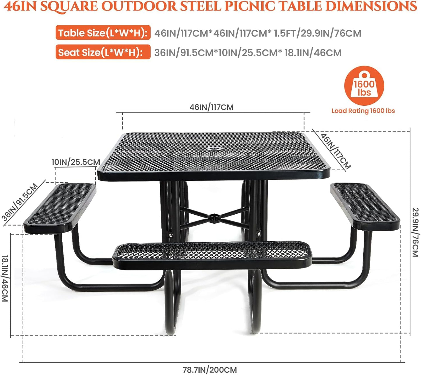 Heavy-Duty Park Bench or Table for Outside - Black Coated Outdoor Furniture Steel Bench, Commercial-Grade Outdoor Benches Weatherproof for Park, Patio, Porch (Black, 46” (Sq. Table))