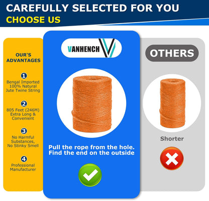 Vanhench 805FT Orange Twine String, Colored Natural Jute Twine String Rope Cord for Christmas Crochet Knitting Macrame, Arts & Crafts, Gift Wrapping, Wedding Décor, Art Decoration Packing (Orange)