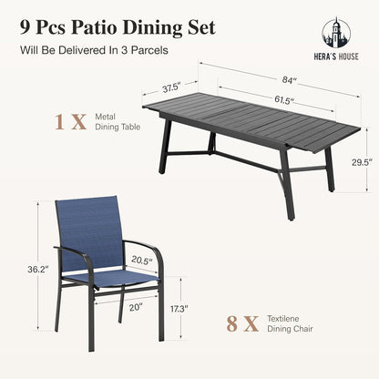 HERA'S HOUSE Extendable Patio Table and Chairs Set for 8, 9 Pieces Outdoor Dining Set, Rectangular Metal Dining Table with 8 x Chairs for Deck Lawn Garden Porch, Blue