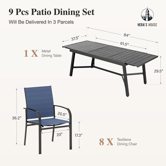 HERA'S HOUSE Extendable Patio Table and Chairs Set for 8, 9 Pieces Outdoor Dining Set, Rectangular Metal Dining Table with 8 x Chairs for Deck Lawn Garden Porch, Blue