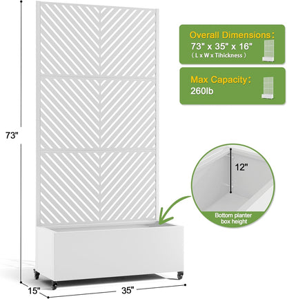 FENCY Metal Raised Garden Bed with Wheels and Trellis,73"x35"x16" Planter Box for Climbing Plants, Vegetables & Vines, Features Privacy Screen and Drainage Holes (White-Arrow)