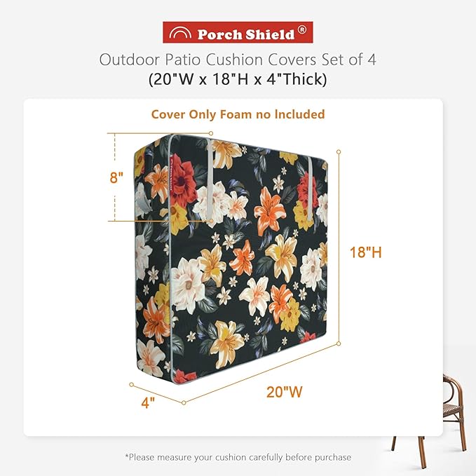 Porch Shield Outdoor Patio Chair Seat Cushion Covers Set 4 Waterproof Fade Resistant Cushion Slipcovers 20 x 18 x 4 inch, Floral Black