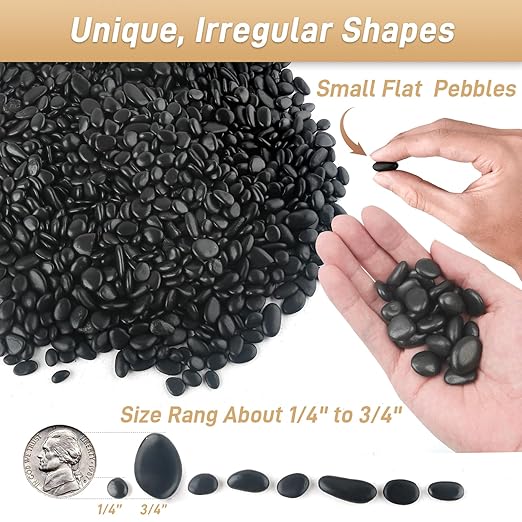 6lb Black Rocks for Planters- 1/4" - 3/4" Polished Black Stones Smooth Flat Pebbles for Fish Tanks Decorative River Rocks for Vases Bonsai Pots Garden Stones for Landscaping and Yards