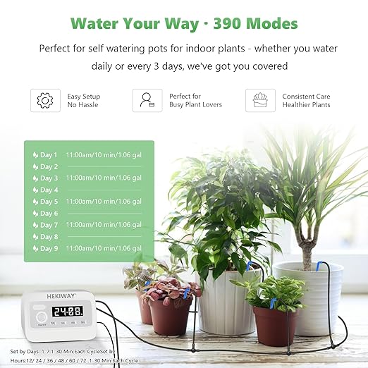 49FT Automatic Plant Watering System–HEKIWAY 390 Adjustable Watering Modes, Supports 15-20 Pots | Indoor Garden System & Vacation Plant Watering Devices, Auto Watering for Plants Outdoor