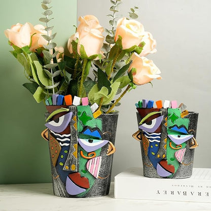 Picasso Face Planter Pots Abstract Art Colorful Flower Vase with Drainage Hole Unique Head Flower Pots for Home Balcony Decoration (Small)