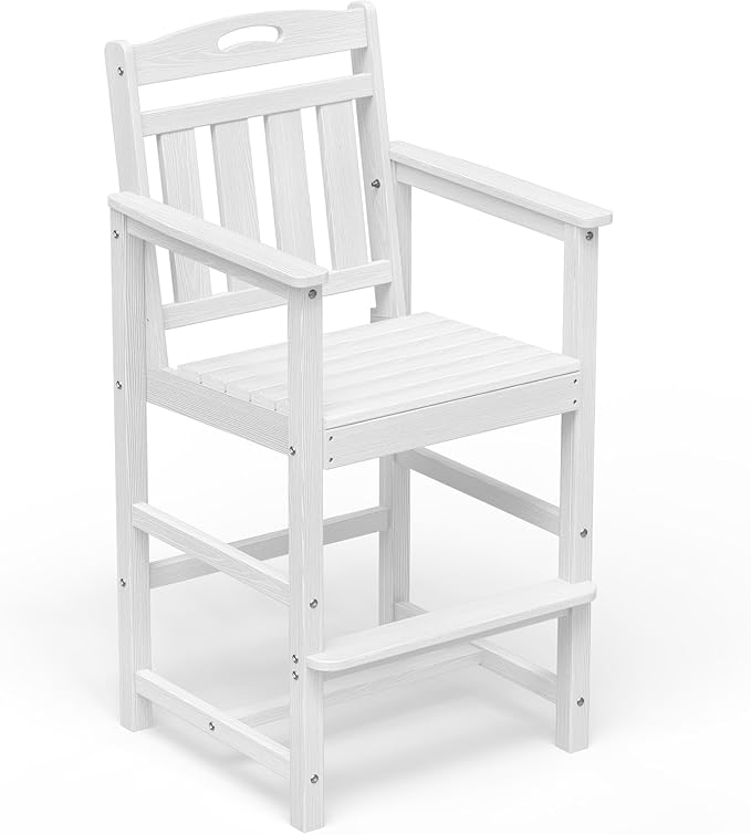 HDPE Outdoor Patio Tall Adirondack Bar Chair, All-Weather Bar Height Balcony Adirondack Stools for Bistro, Garden, Backyard, Deck | White