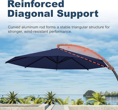 12FT Cantilever Umbrella with Base Large Curvy Outdoor Aluminum Offset Umbrella w/ 360° Rotation, UV Resistant Canopy for Patio, Garden, Backyard, Navy Blue