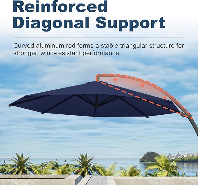 11FT Cantilever Umbrella with Base Large Curvy Outdoor Aluminum Offset Umbrella w/ 360° Rotation, UV Resistant Canopy for Patio, Garden, Backyard, Navy Blue