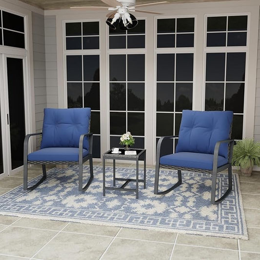 Bistro 3 Piece Patio Furniture Set, Patio Table and Rattan Outdoor Rocking Chairs Set of 2, Outdoor Bistro Conversation Set for Garden, Balcony, Poolside, Backyard, Blue