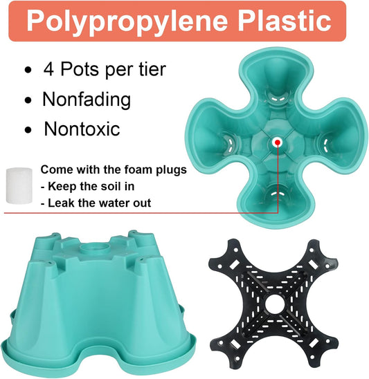 DUNCHATY Stackable Planter, Vertical Garden Planter with Wheels and Tools, Self Watering Strawberry Planter Indoor/Outdoor 4 Tier Herb Planter Pots for Growing Vegetables and Succulents, Teal