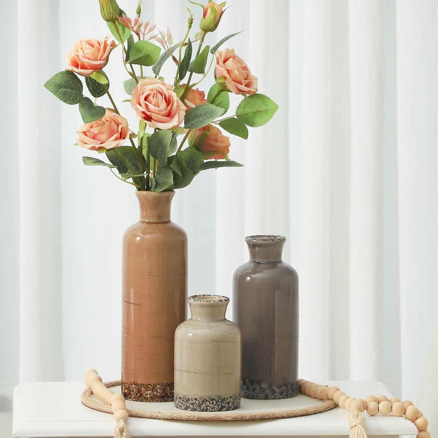 Ceramic Vase Set of 3, Neutral Flower Vases Home Decor, Pottery Rustic Farmhouse Decorative Vases Modern Decor for Table Mantel Entryway Bookshelf Living Room Kitchen Bedroom - Brown