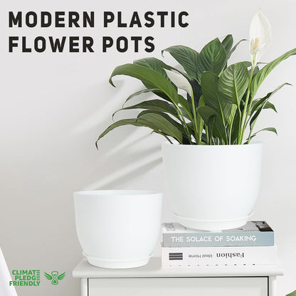 Plant Pots 10/9/8/7.5/7 inch Flower Pots with Multi Mesh Drainage Holes, Planters for Indoor Outdoor Garden Plants and Flowers. (White)