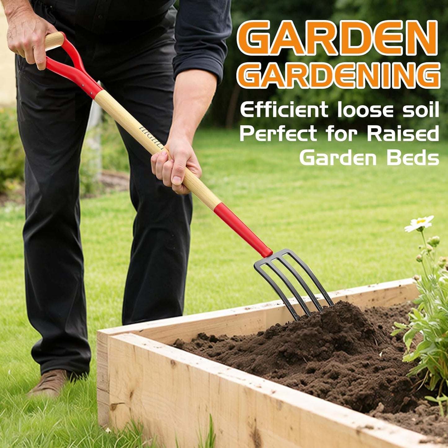 HIGHLIGHT Garden Fork, 4-Tine Spading Fork, Compost Fork, Steel Digging Fork, 45Inch, Steel D-Grip, Wooden Handle