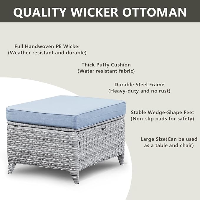 Rilyson Outdoor Patio Wicker Furniture Set - 5 Piece Rattan Patio Conversation Sectional Sofa Set with 1 Couch,2 Armchairs,2 Ottomans for Porch Deck Garden(Light Grey/Sky Blue)