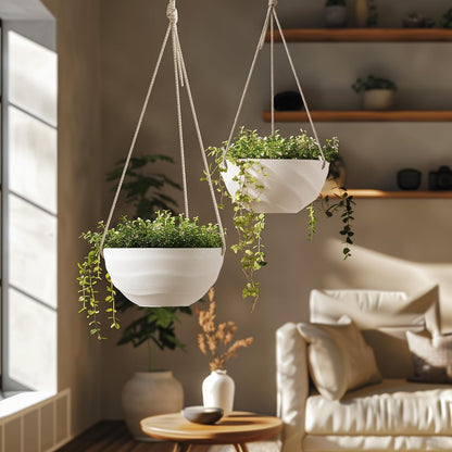 La Jolie Maison 10 Inch Hanging Planters for Indoor Plants, Outdoor Garden Planter Pots with Self-Watering Tray, Eggshell White, Set of 2