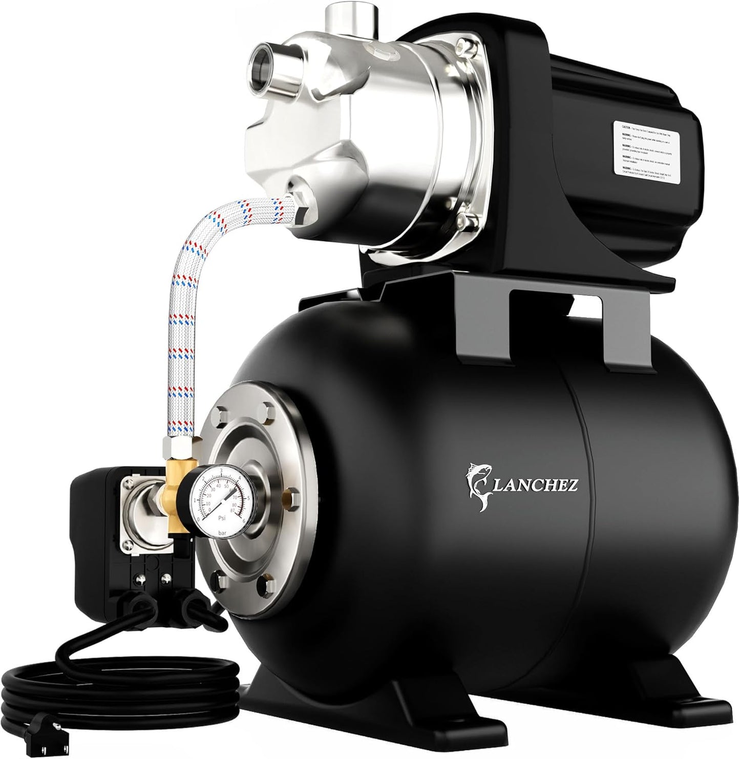 LANCHEZ 1.6HP Shallow Well Pump with Pressure Tank, 115V 1340GPH Automatic Irrigation Water Booster Jet Pump, Stainless Steel Water Transfer Pump for Home Garden Lawn Sprinkler Irrigation, Matte