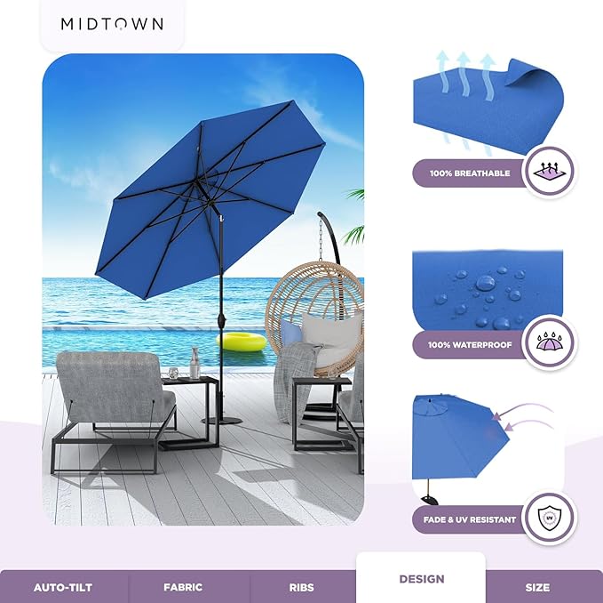 Midtown Umbrellas Sunbrella Umbrella 8 Feet Outdoor Umbrella With Sunbrella Dark Blue Acrylic Fabric - Auto-Tilt Aluminum Frame Patio Umbrella For Backyard, Deck, Garden, Pool - Black Pole
