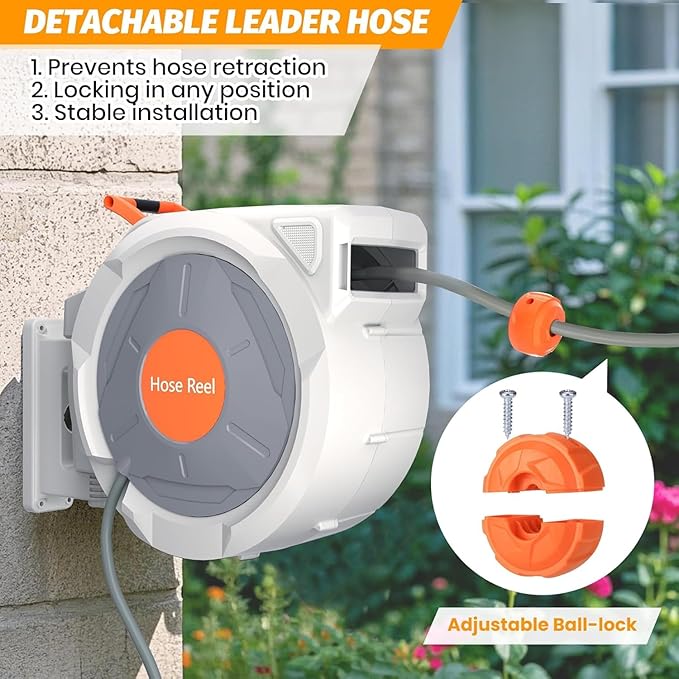 Retractable Garden Hose Reel 5/8 in x 100 Ft, EliteEdge Wall Mounted Garden Hose Reel, with 9 Function Sprayer Nozzle, Any Length Lock, Lock/Automatic Slow Return System, 180° Swivel Bracket