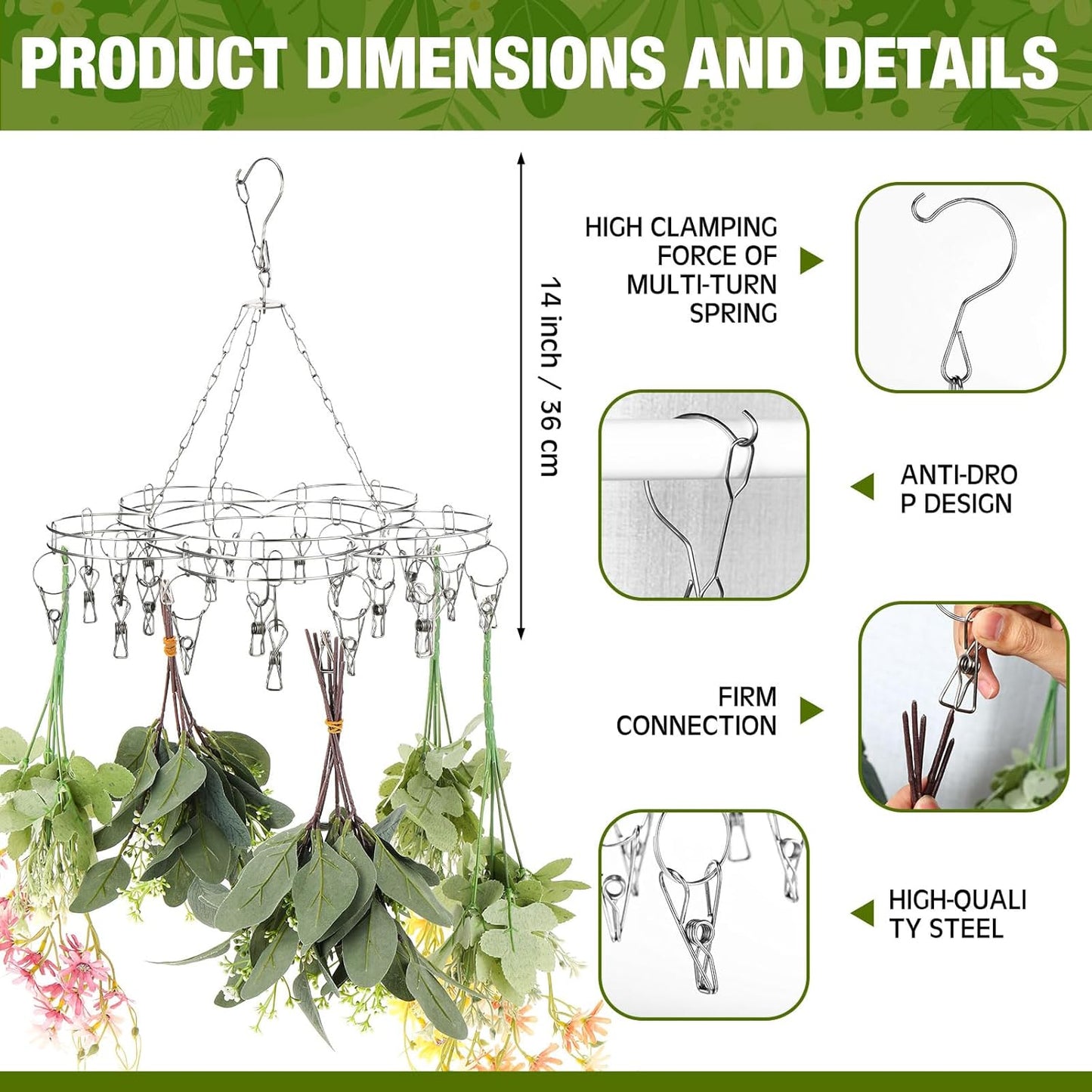 Bokon 4 Pcs Hanging Drying Rack for Herb Macrame Flower with Stainless Clip Dryer Hook for Drying Herb Air Plants Spices Flower Hydroponic Plant Ready to Use with Ceiling Hook(Plum Shape)