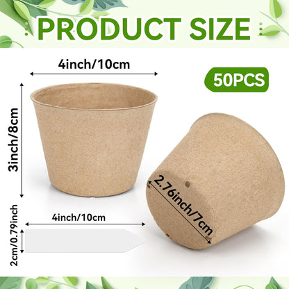 Augshy 4 Inch Peat Pots, 50 Pack Seed Starter Nursery Pots Round Plant Seedling with Drainage Holes for Garden Nursery Kits Seedlings Seed Starting Tray with 50 Plant Labels