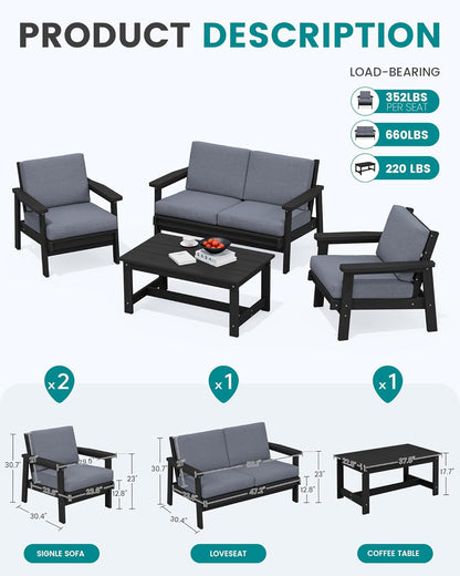 SERWALL 4 Piece HDPE Outdoor Furniture Set, All Weather Wood-Like Outdoor Sofa Sectional Couch, Black Patio Furniture Set with Grey Cushions