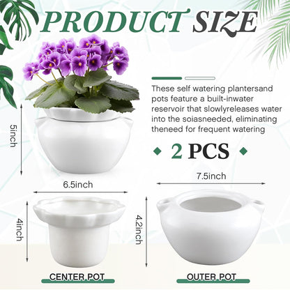 2 Set 7.5 Inches African Violet Pots Self Watering White Ceramic Pot for Indoor Plants, Flowerpot with Highly Absorbent Inner Pot for Busy Plant Lovers, Plant Care