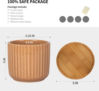 TAMAYKIM 5.25 Inch Ceramic Plant Pots with Drainage Holes and Saucers, Modern Flower Pots with Trays for Indoor Planters, Snake Plant, Succulent, Cactus and Herbs, Red, Set of 4