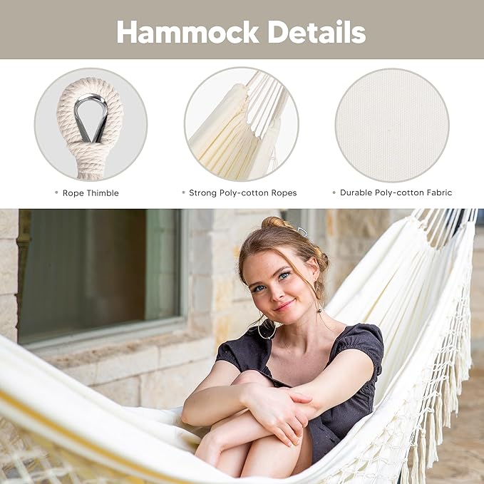 SUNCREAT Portable Outdoor Hammock with Stand Included, Double Hammock with Tassel for Outside, Beige