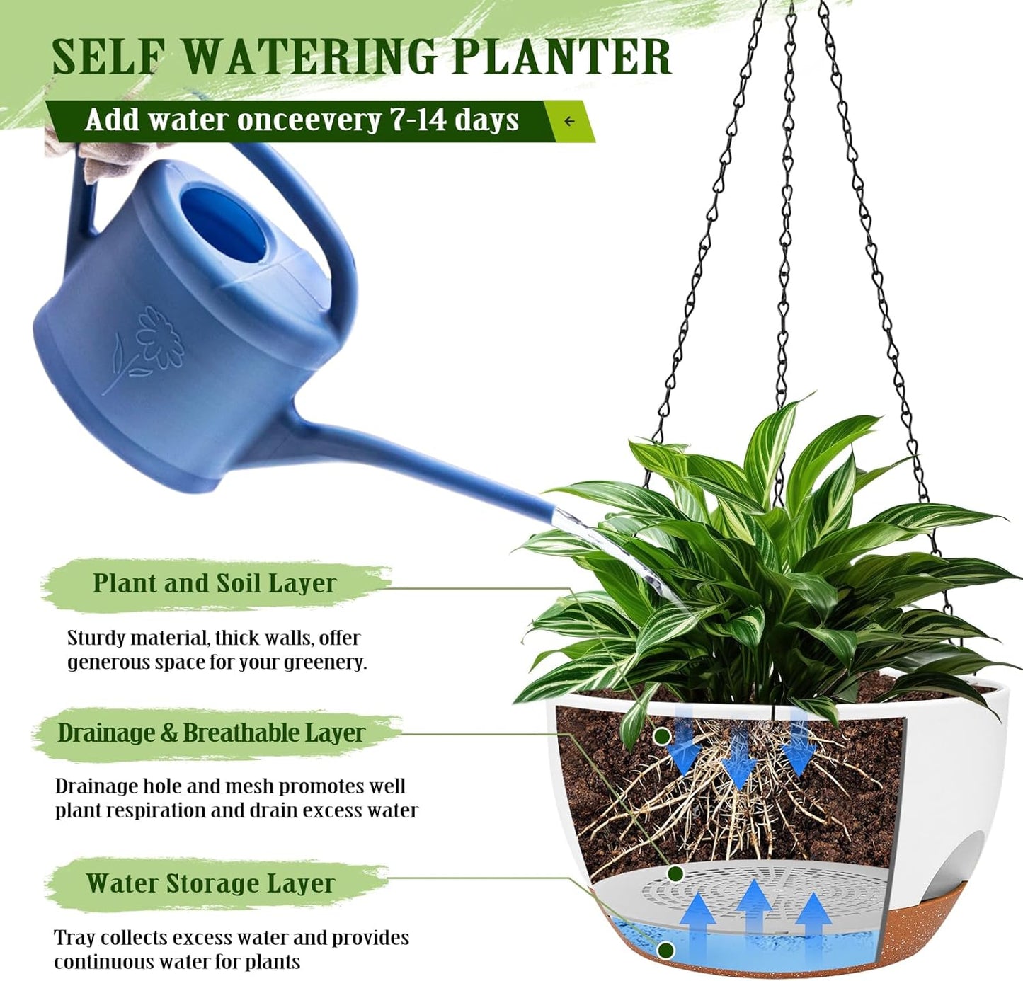 Hanging Planters for Outdoor Indoor Plants, 2 Pack 12 Inch Hanging Basket Plants Outdoor, Self Watering Hanging Planter with Plant Hanger for Garden Home Decoration (2 Type Plant Hangers White)