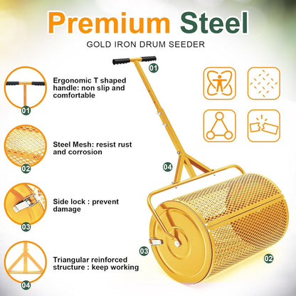 Hiboom 24 Inch Compost Spreader, Peat Moss Spreader, Manure Roller with Adjustable T Shaped Handle, Lightweight Metal Mesh for Lawn Garden Spreading Manure Topsoil (Gold)