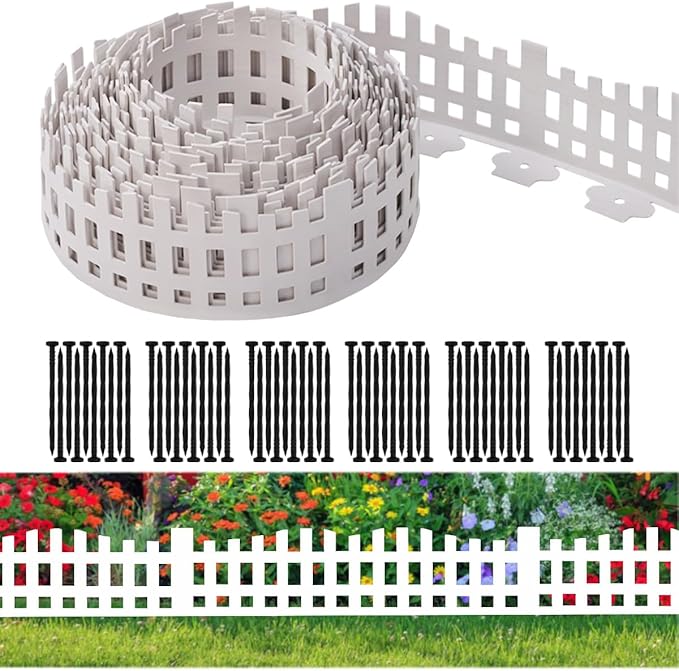 Garden Edging 33FT, Landscape Edging Borders [Extra Tall 4.9IN ] Flexible Lawn Edging Kit with 60pcs Stakes,Mini Plastic Fence for Tree Flowerbeds Grass Yard -White-2