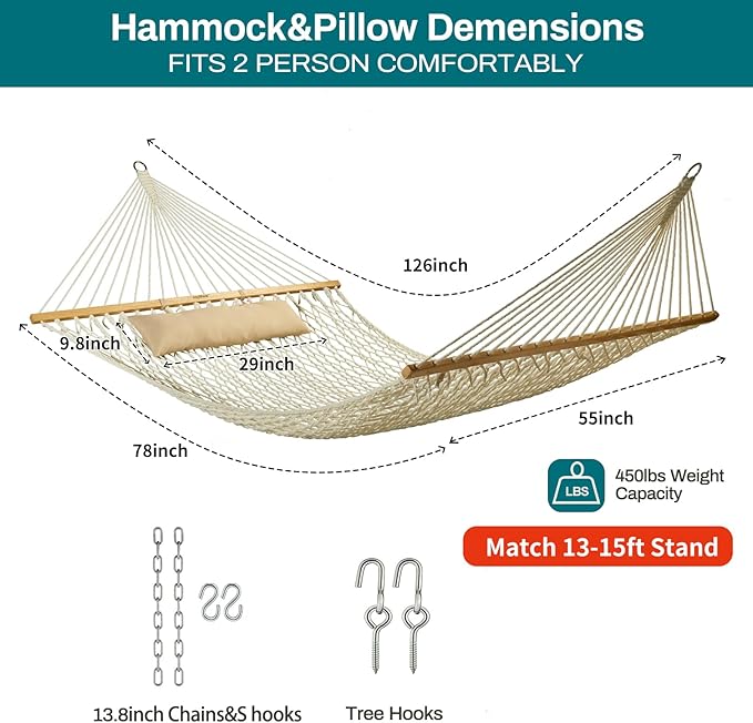 JoyView Traditional Rope Double Hammock - Hand Woven Cotton Hammock with Hardwood Spreader Bar and Pillow 450lb Capacity for Outdoor Indoor Patio Yard - Natural