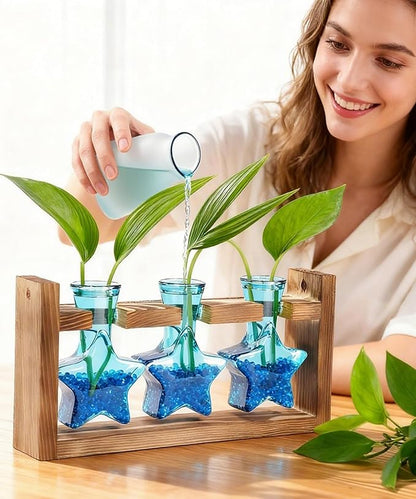 Nacome Star Glass Propagation Stations: Plant Terrarium with Wooden Stand Vase for Home Office Desk Decor, Unique Gifts for Plant Lovers Women Mom (Blue)