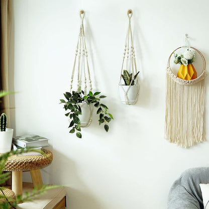 Macrame Plant Hangers with Pots and Saucers, 3 Pack Hanging Planters for Indoor Plants Hanging Plant Holders with Hooks 34" / 26" / 20"