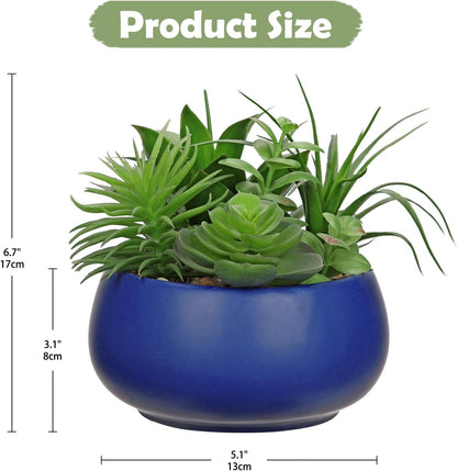 Fake Plants Artificial Succulents in Pots Faux Succulent Arrangement Potted Plant in Blue Ceramic Planter Bowl for Home Decor Office Desk Bathroom Shelf Living Room Indoor Decorations