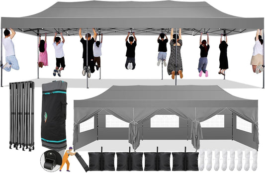 COBIZI 10x30 Pop Up Canopy with 8 Sidewall,Heavy Duty UPF 50+ All Season Wind Waterproof Commercial Outdoor Wedding Party Tents for Parties Canopy Gazebo with Roller Bag(10 x 30 ft Gray)