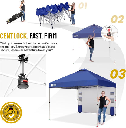 CROWN SHADES Canopy Tent, 10 x 10 Foot Portable Pop Up Outdoor Shelter with Pocket Sidewall, Push Center Lock, UV Protection, and Carry Bag, Navy Blue