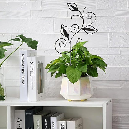 Decorative Metal Plant Trellis for Indoor Potted Plants – Leaf Shape Vine Support Stakes with 6 Plant Clips, Black/Green/Gold Garden Trellises for Climbing Plants, Vines (Black 1pc)