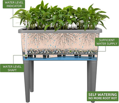 Dexceder 13.2 Gallon Self Watering Raised Garden Bed with Ventilation Transparent Lid Greenhouse, Deepen Vegetable Flower Box Planter Pot with Removeble Legs & Water Level Indicator (Deep Gray)