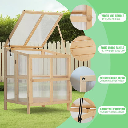 2 Tier Foldable Cold Frame Greenhouse, Portable Wooden Greenhouse Garden Cold Frame Raised Planter Box with Shelves