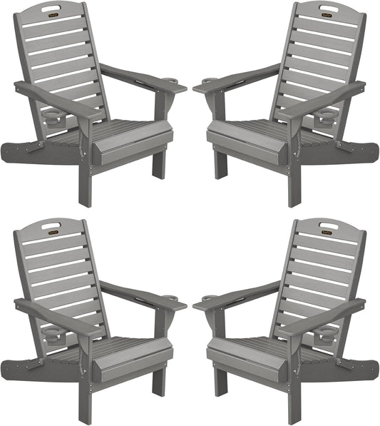 Adirondack Chairs Set of 4, Outdoor Fire Pit Chairs, HDPE All-Weather Adirondack Chairs with Cup Holder, Lawn Chair for Deck, Patio, Garden (Grey)