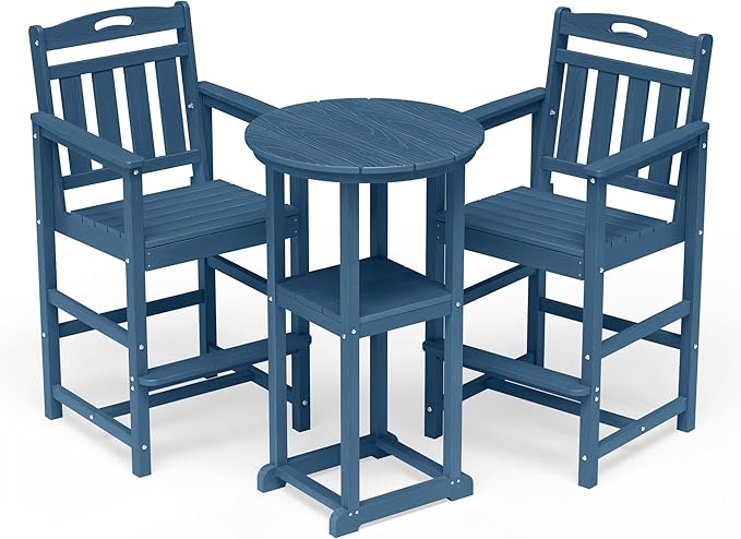 HDPE Outdoor Patio Bar Set with Bar Height Table and 2 Adirondack Chairs, All-Weather High Top Outside Round Pub Furniture for Bistro, Garden, Backyard, Deck | 3-Pieces, Navy Blue