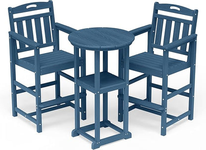 HDPE Outdoor Patio Bar Set with Bar Height Table and 2 Adirondack Chairs, All-Weather High Top Outside Round Pub Furniture for Bistro, Garden, Backyard, Deck | 3-Pieces, Navy Blue