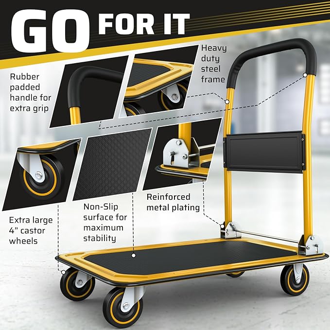 Heavy Duty Foldable Push Cart Dolly | 660 lbs. Capacity | Upgraded Collapsible Hand Truck Folding Platform with Swivel Wheels | Flat Bed Moving Wagon | Space Saving Push Handle (Yellow)