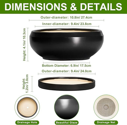 Bonsai Pots 10 Inch - Ceramic Succulent Planters Indoor Outdoor, Bonsai Pots with Drainage Hole and Tray, Modern Shallow Planter, Round Bowl Planter, Garden Decor, Garden Gift, Black